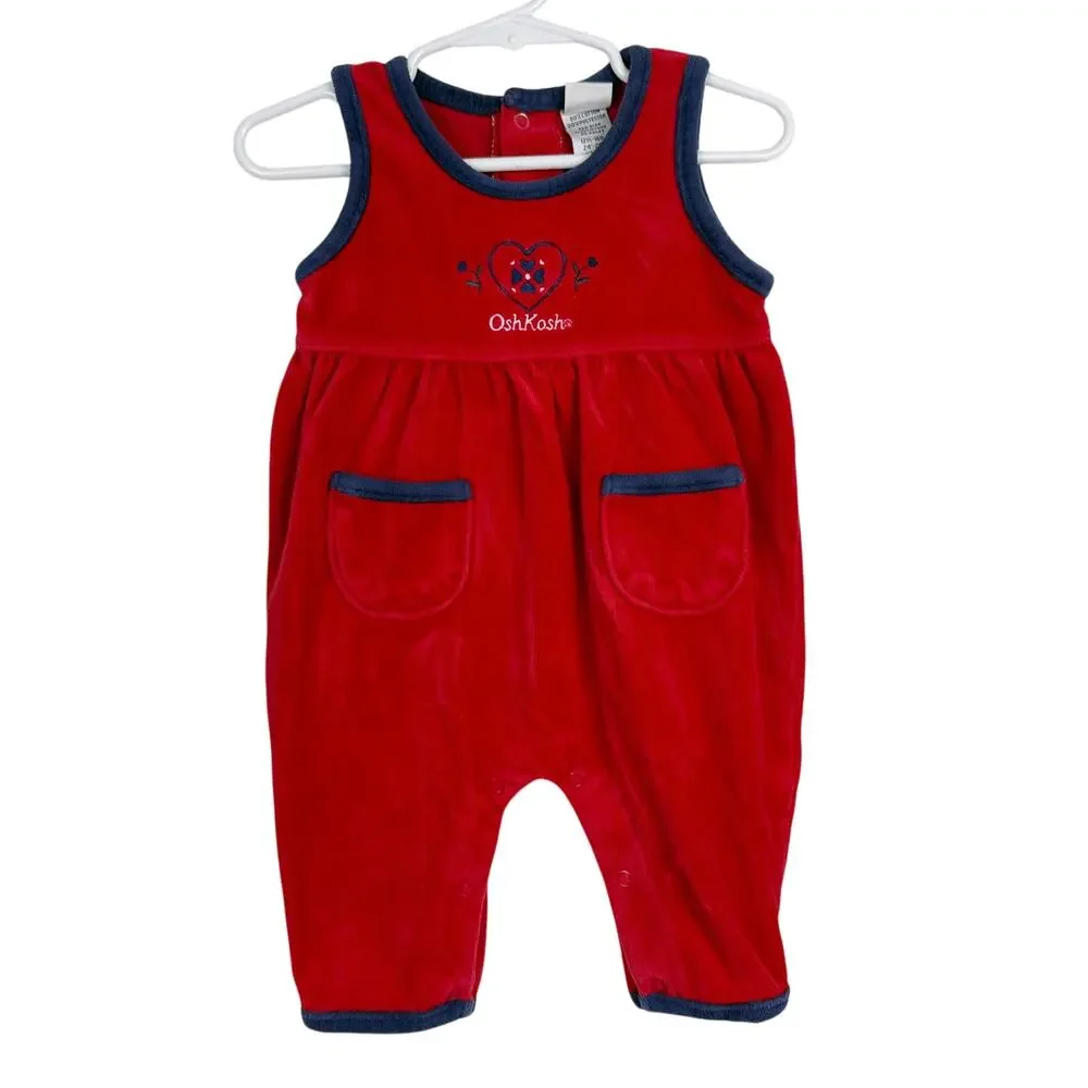 Vtg 90s OshKosh B'Gosh Romper Velvet Red Blue Heart - 3-6 Months